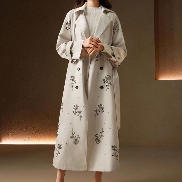 Beige Women's Party Long Trench Coat with 3d Beaded Embroidery - Picture 4 of 8